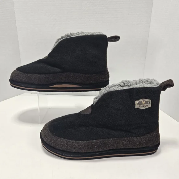 KauiLu Black and Brown Winter Felt Wool Slippers with Sherpa Lining Size 12 - Picture 2 of 11